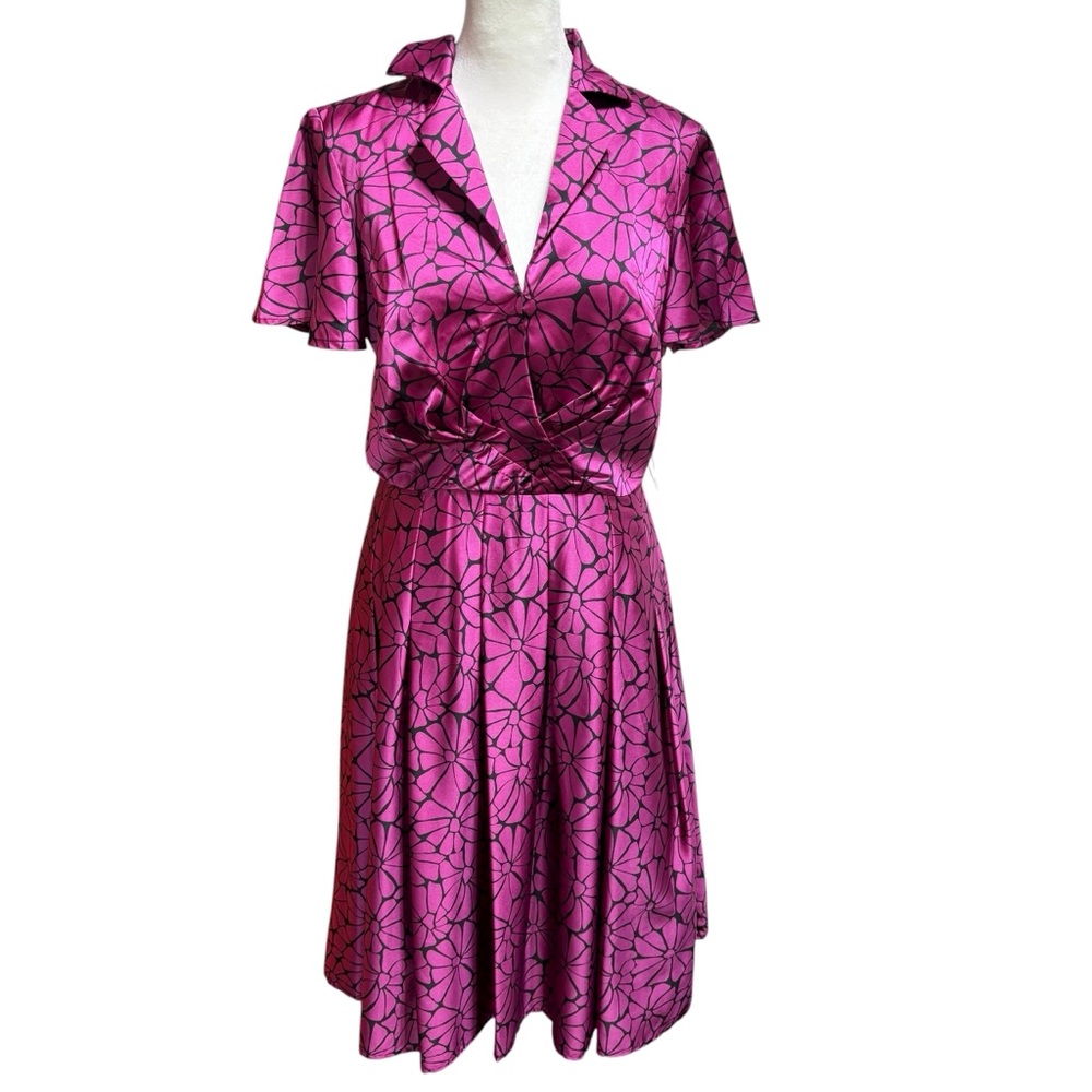 Cece's New York Pink Black‎ Floral Satin Fit Flare Midi Dress  V-Neck 6 #403